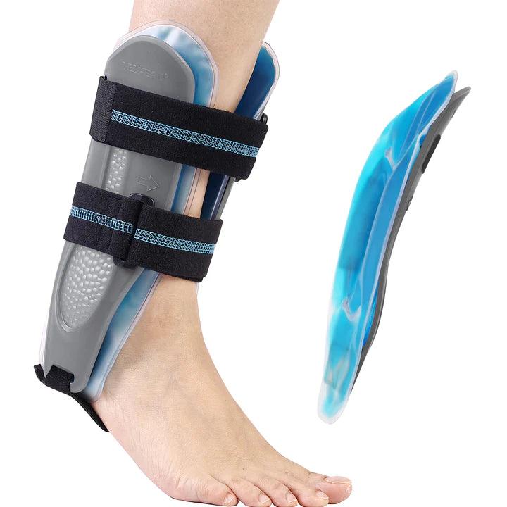 Attelle Cheville PowerGuard – vue latérale mettant en avant la base transparente en gel bleu et les sangles noires ajustables