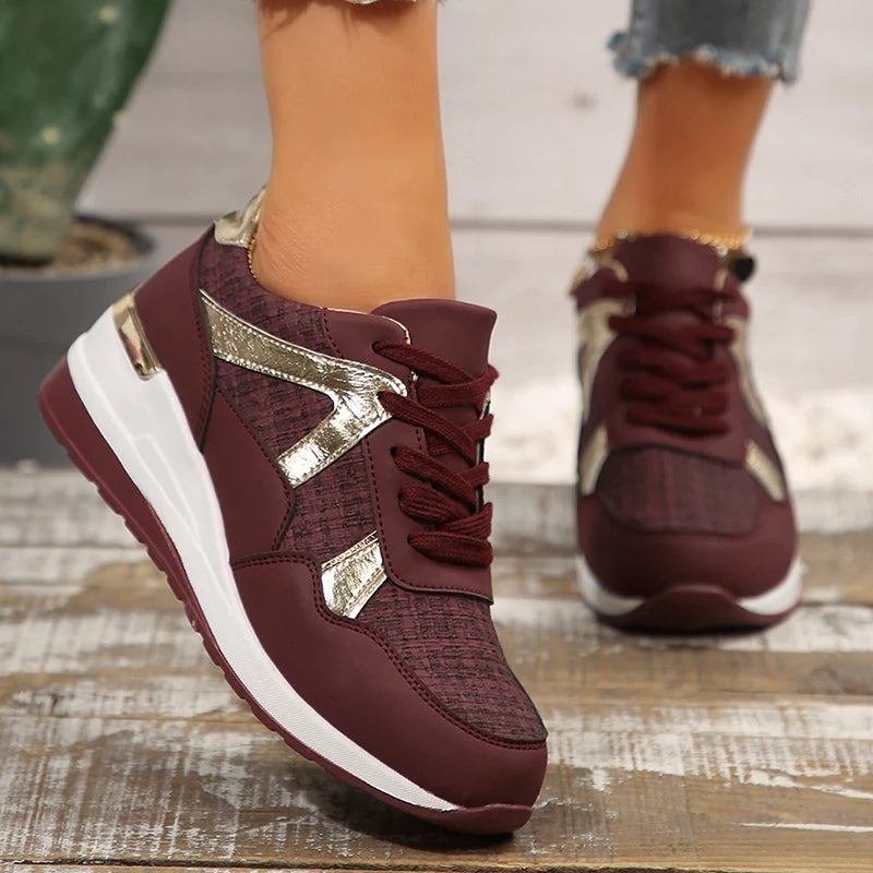 Basket orthopédique femme - Sneakers confortables à semelle épaisse non, vue de près avec détails dorés, couleur bordeaux et semelle blanche.