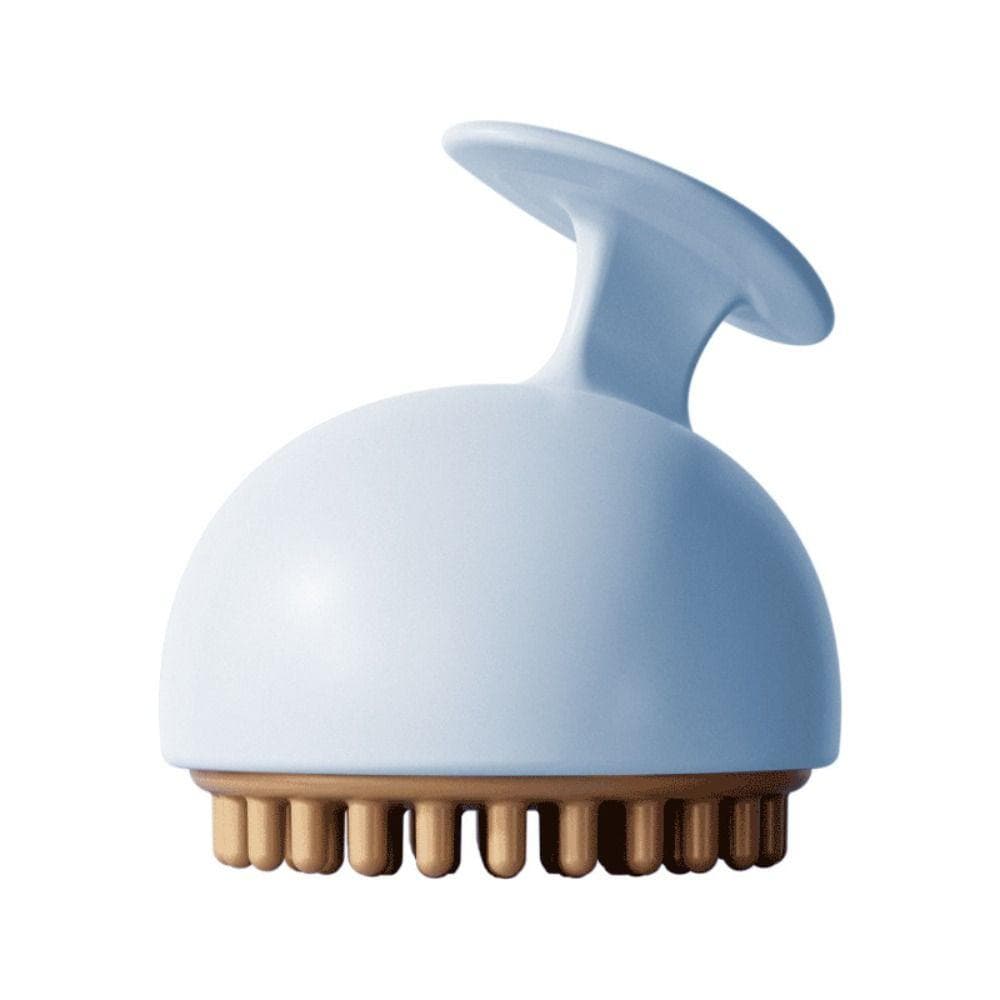 Brosse de massage anti-cellulite manuelle en silicone, vue de profil avec picots, couleur bleu clair et base marron.
