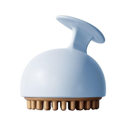 Brosse de massage anti-cellulite manuelle en silicone, vue de profil avec picots, couleur bleu clair et base marron.