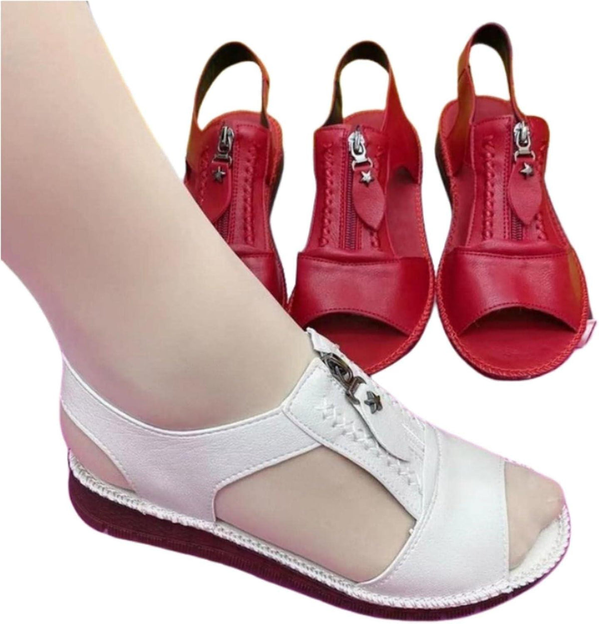 Sandales d'été en cuir synthétique à semelle plate pour femmes Confort Orthopédique