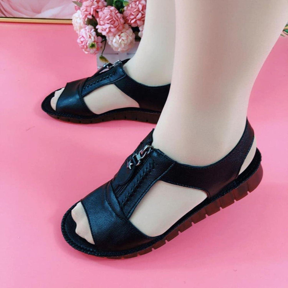 Sandales d'été en cuir synthétique à semelle plate pour femmes Confort Orthopédique