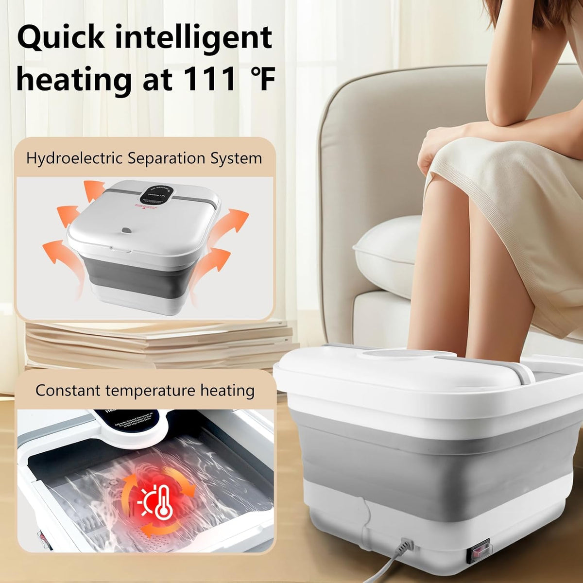 Bain de pied - Bassin pliable électrique avec massage et chauffage – vue générale avec affichage de la température et détails du système de chauffage