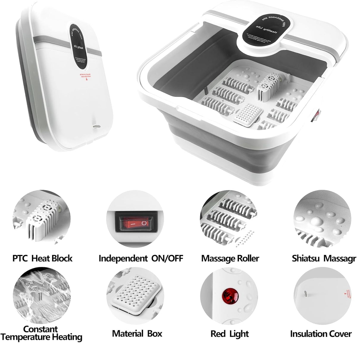 Bain de pied - Bassin pliable électrique avec massage et chauffage – vue rapprochée des détails du système de chauffage et des rouleaux de massage