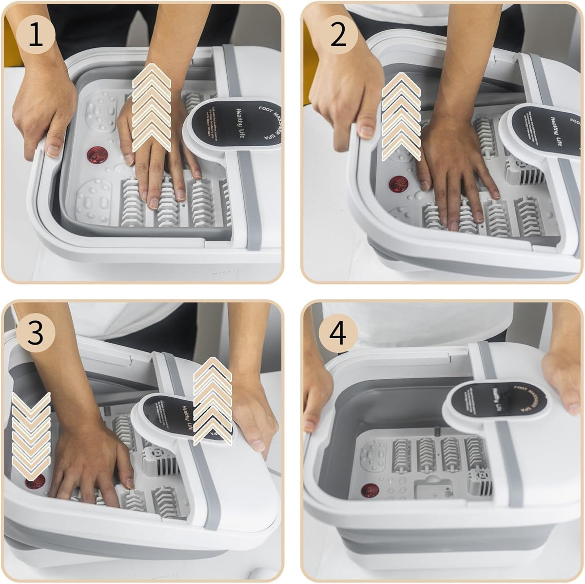 Bain de pied - Bassin pliable électrique avec massage et chauffage – vue détaillée des mains utilisant le système de massage intégré