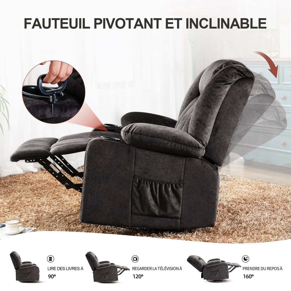 Fauteuils orthopédiques - Fauteuil relax avec repose-pieds et porte-go - Noir