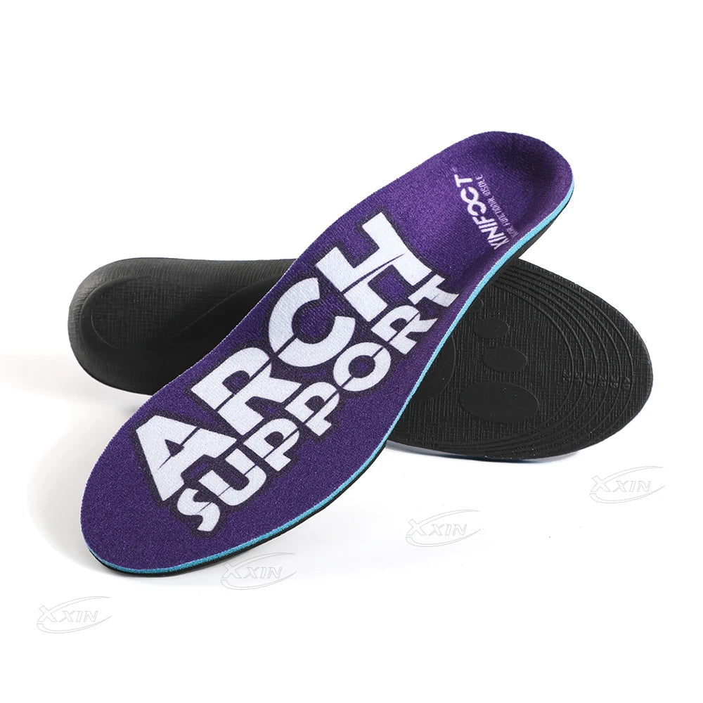 Semelles orthopédiques avec soutien de la voûte plantaire – semelles violettes avec inscription 'ARCH SUPPORT' et semelle noire texturée