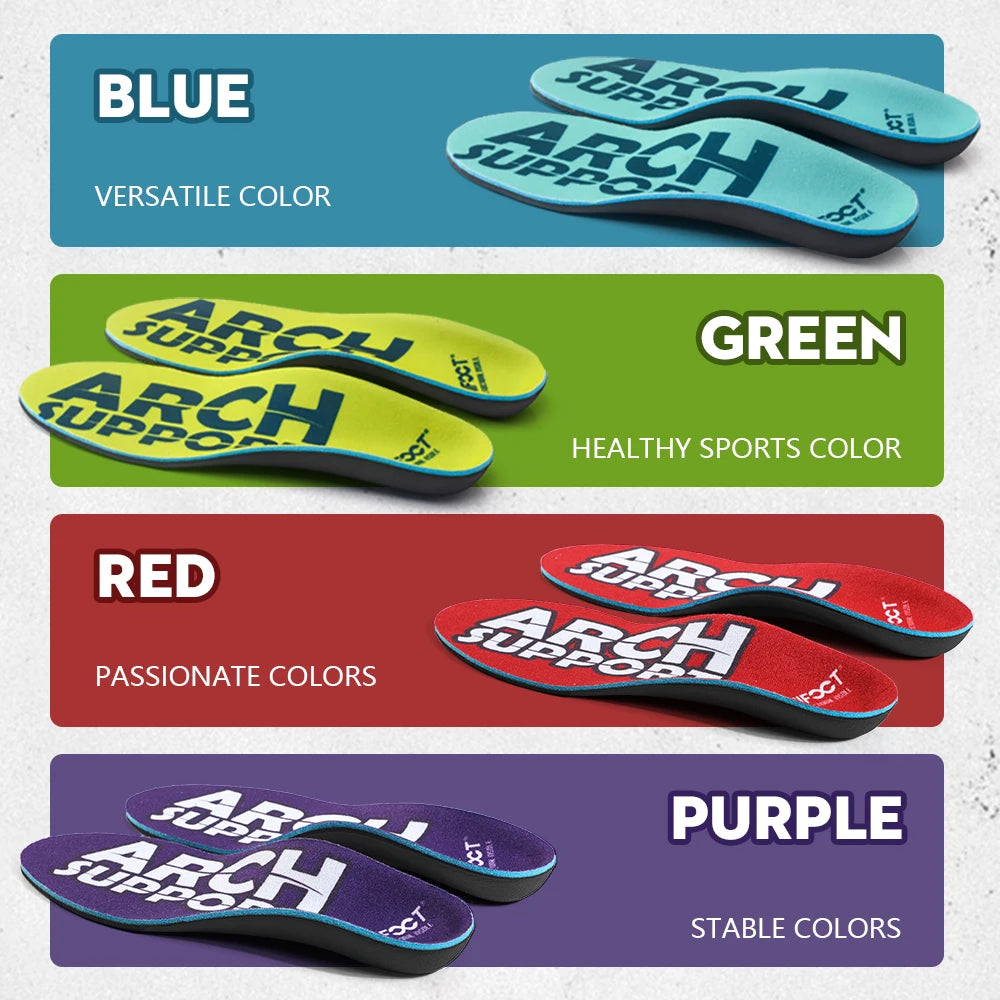 Semelles orthopédiques avec soutien de la voûte plantaire – quatre semelles de couleurs variées : bleu, vert, rouge et violet, vue de dessus