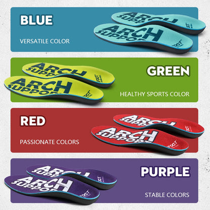 Semelles orthopédiques avec soutien de la voûte plantaire – quatre semelles de couleurs variées : bleu, vert, rouge et violet, vue de dessus
