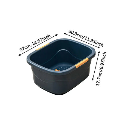Bain de pied - Bassin portable pour un bain relaxant des pieds – bassin en plastique bleu avec poignées orange, dimensions indiquées