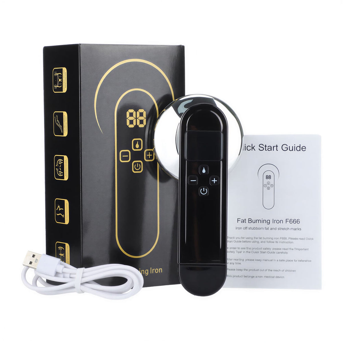 Appareil anticellulite fréquence radio - Vue générale avec écran de contrôle et câble USB, design élégant et moderne en plastique noir.