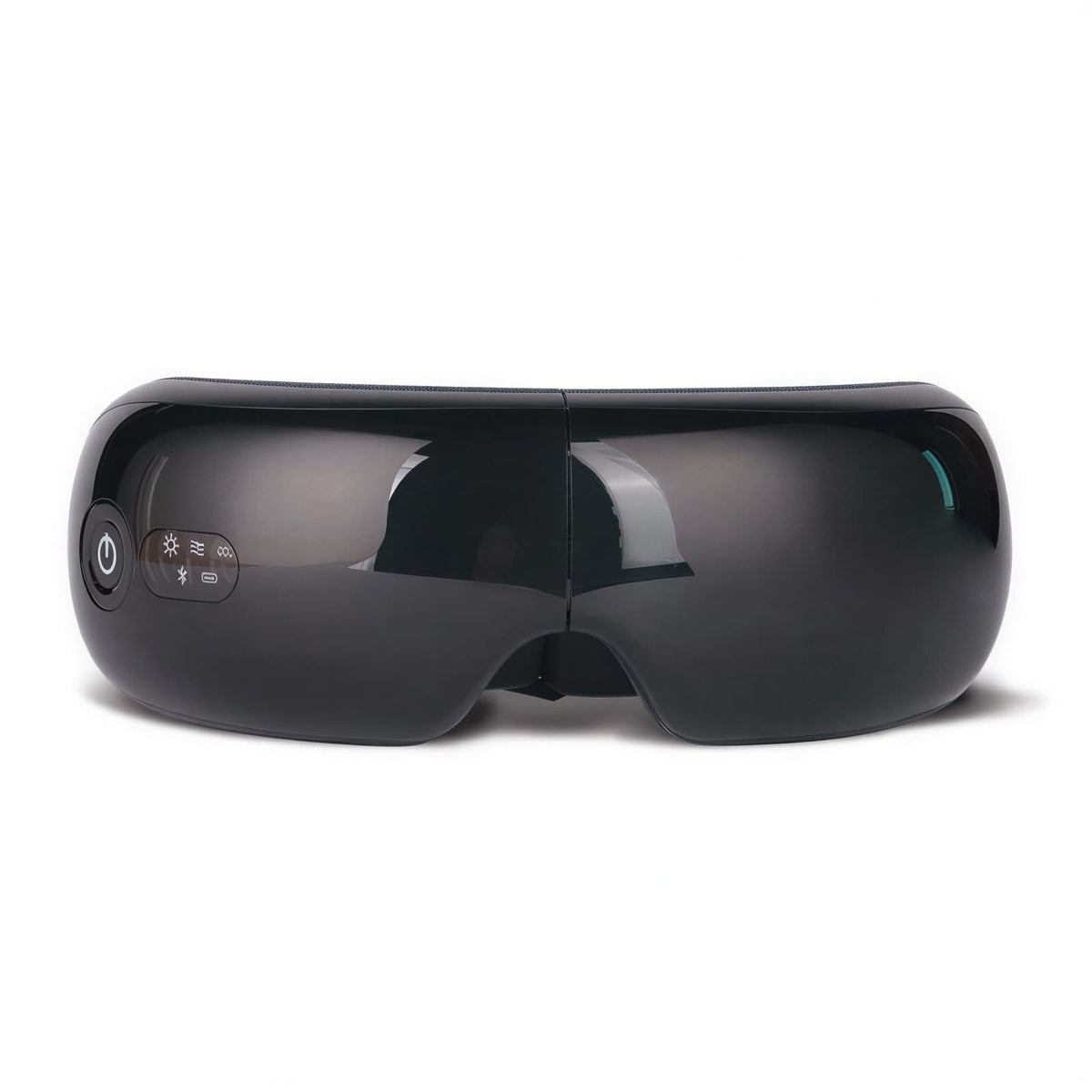 Appareil de massage yeux bluetooth – Vue frontale avec finition noire brillante et commandes tactiles visibles sur le côté
