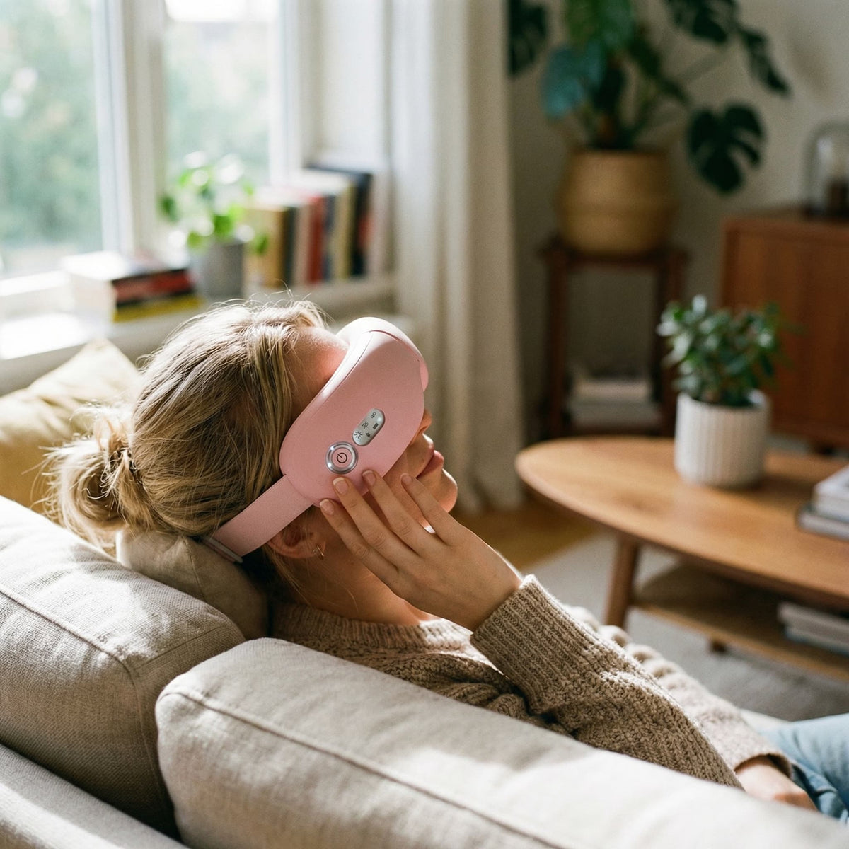 Appareil de massage yeux bluetooth – Utilisation sur une personne détendue, portant un masque rose, dans un salon lumineux avec canapé