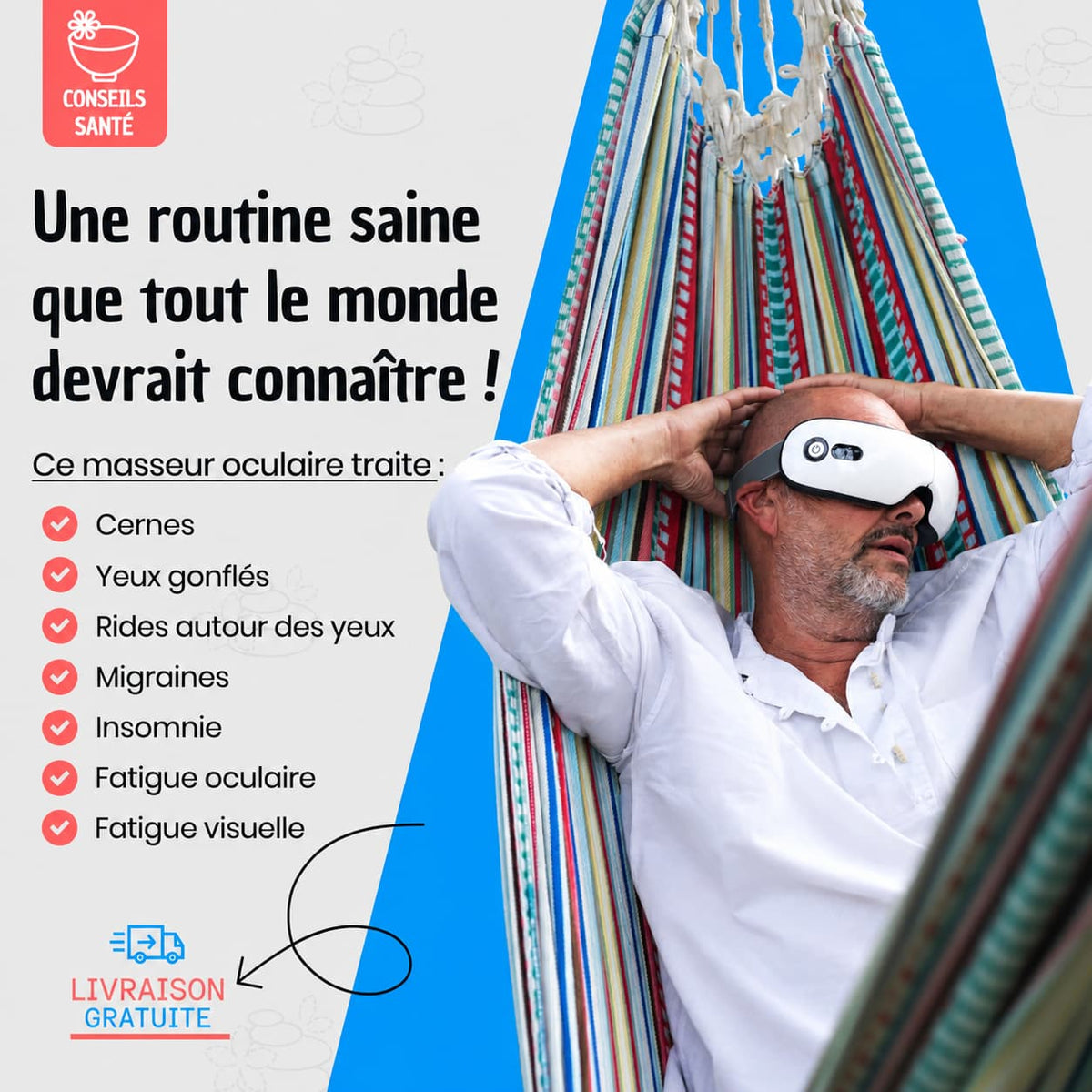 Appareil de massage yeux bluetooth – Utilisation sur une personne allongée dans un hamac, avec un design blanc et commandes visibles.