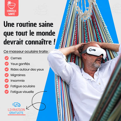 Appareil de massage yeux bluetooth – Utilisation sur une personne allongée dans un hamac, avec un design blanc et commandes visibles.