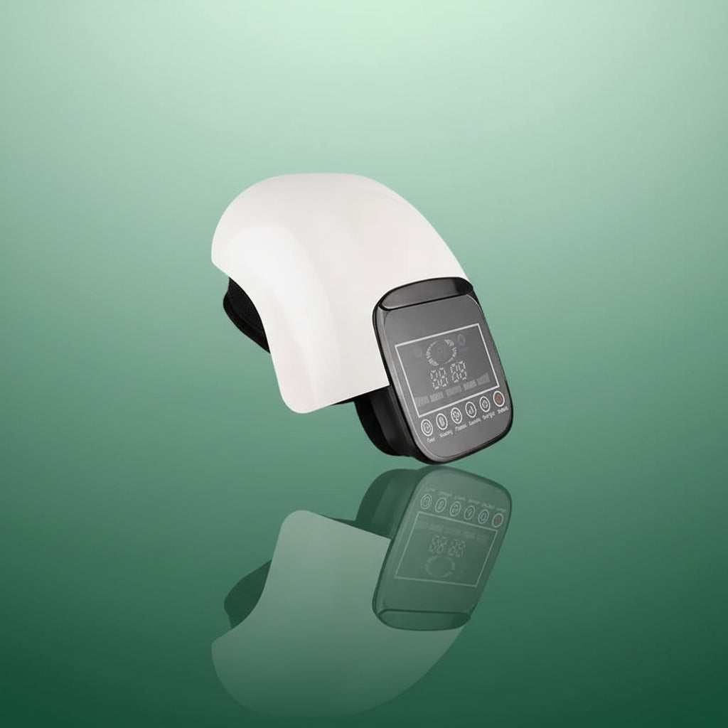 Appareil de physiothérapie | Massage du genou, pression d'air et Vibration – Vue latérale sur fond vert, couleur blanche avec écran tactile noir.