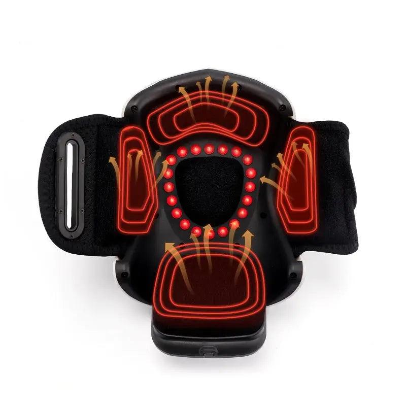 Appareil de physiothérapie | Massage du genou, pression d'air et Vibration – Vue de dessus avec zones de massage illuminées en rouge sur fond noir.