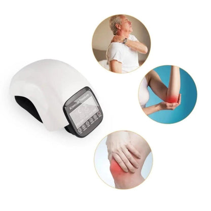 Appareil de physiothérapie | Massage du genou, pression d'air et Vibration – Vue de face avec écran de contrôle et utilisation sur un genou