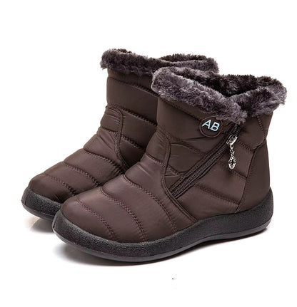 Boots Imperméable Femme marron avec doublure en fourrure, fermeture éclair latérale, design confortable et moderne