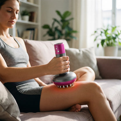 Brosse de massage anti-cellulite au design moderne, utilisée sur la cuisse d'une personne assise sur un canapé, avec des vibrations visibles.