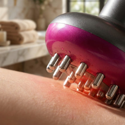 Brosse de massage anti-cellulite au design moderne, vue rapprochée sur la peau avec des picots métalliques en action.