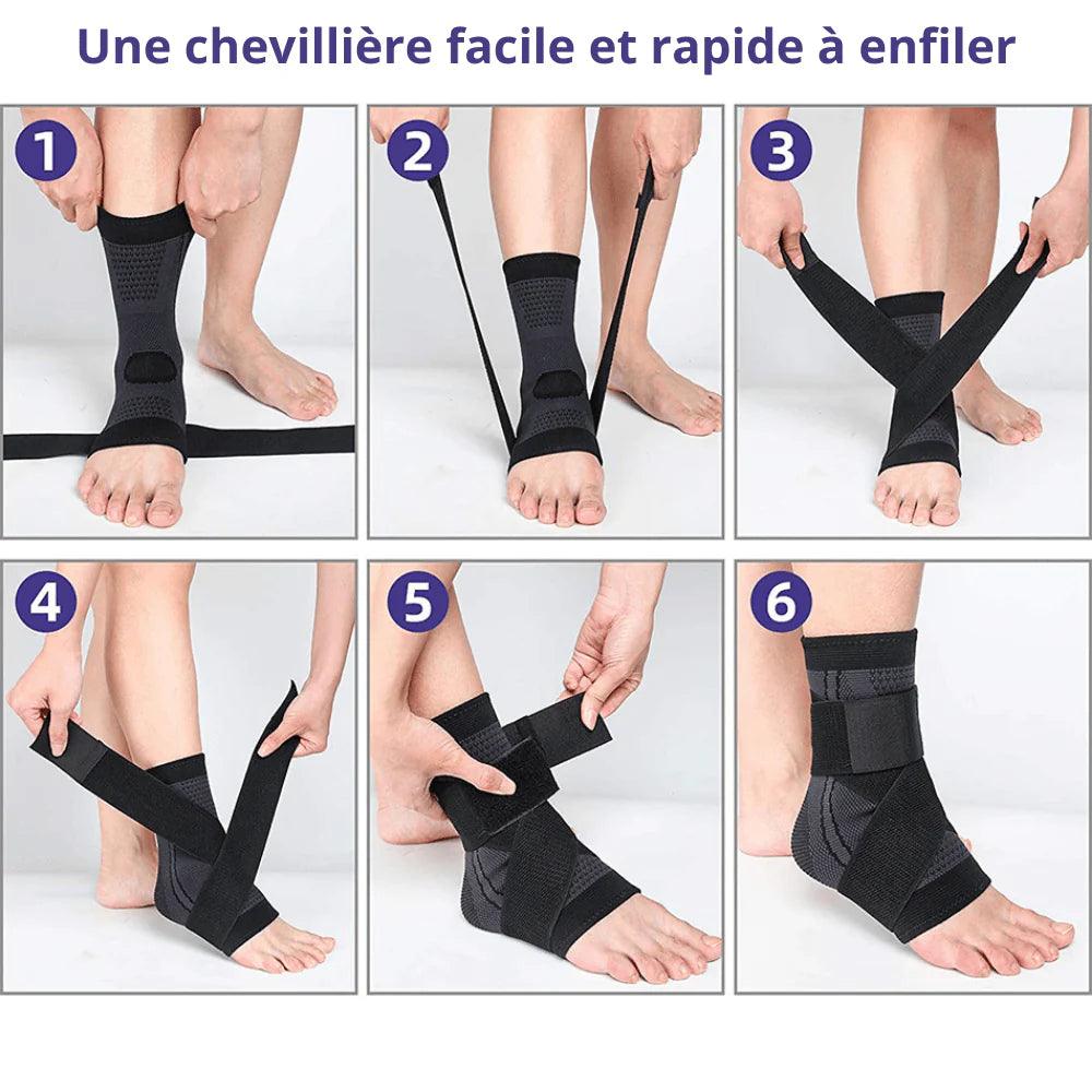 Attelle Cheville FlexiFit – démonstration de l'enfilage de l'attelle noire en mesh sur une cheville, illustrant la facilité d'utilisation.