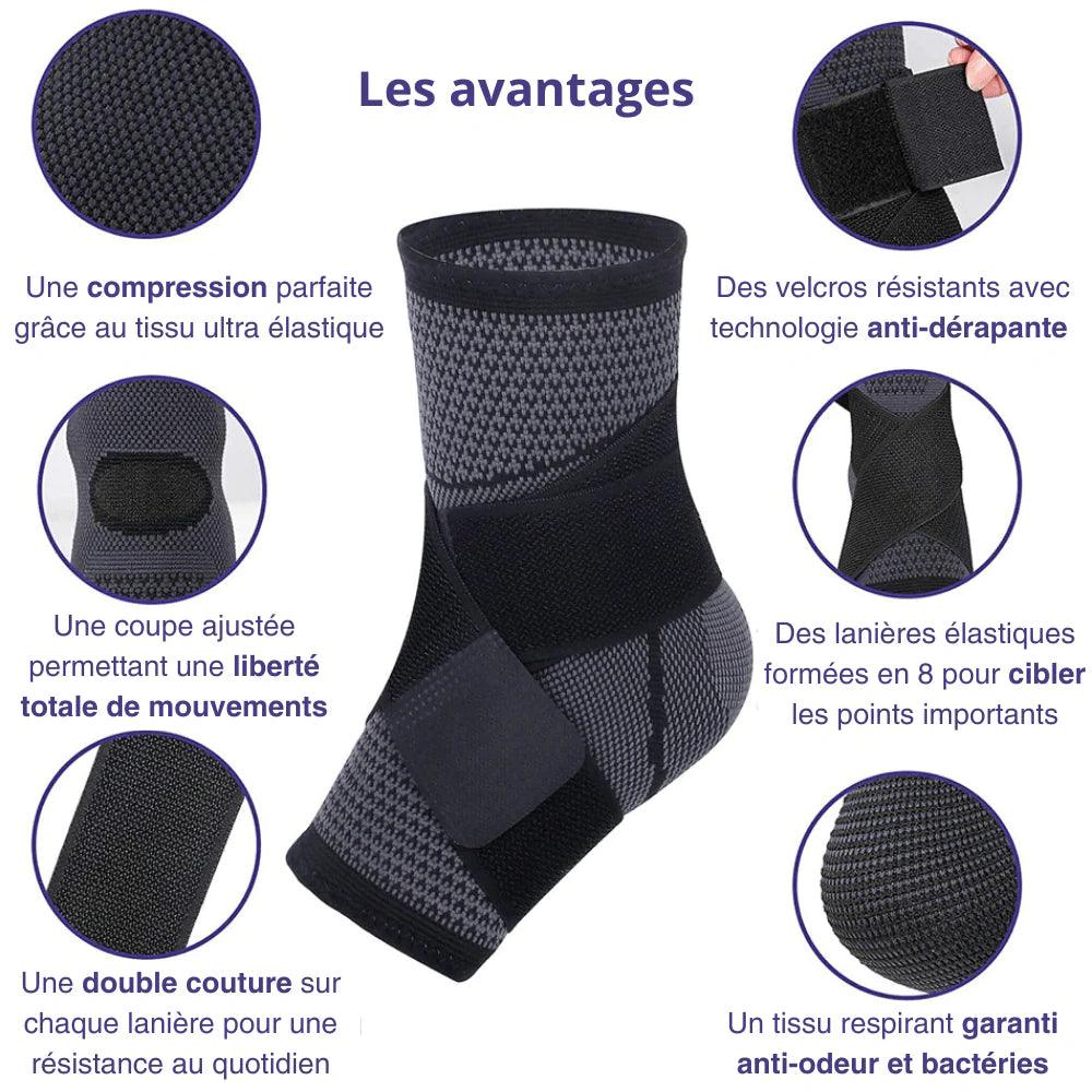 Attelle Cheville FlexiFit – attelle noire et grise en mesh avec détails en velcro, illustrant ses caractéristiques de confort et de maintien.