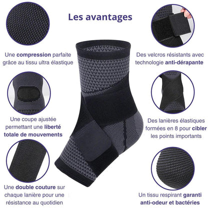 Attelle Cheville FlexiFit – attelle noire et grise en mesh avec détails en velcro, illustrant ses caractéristiques de confort et de maintien.