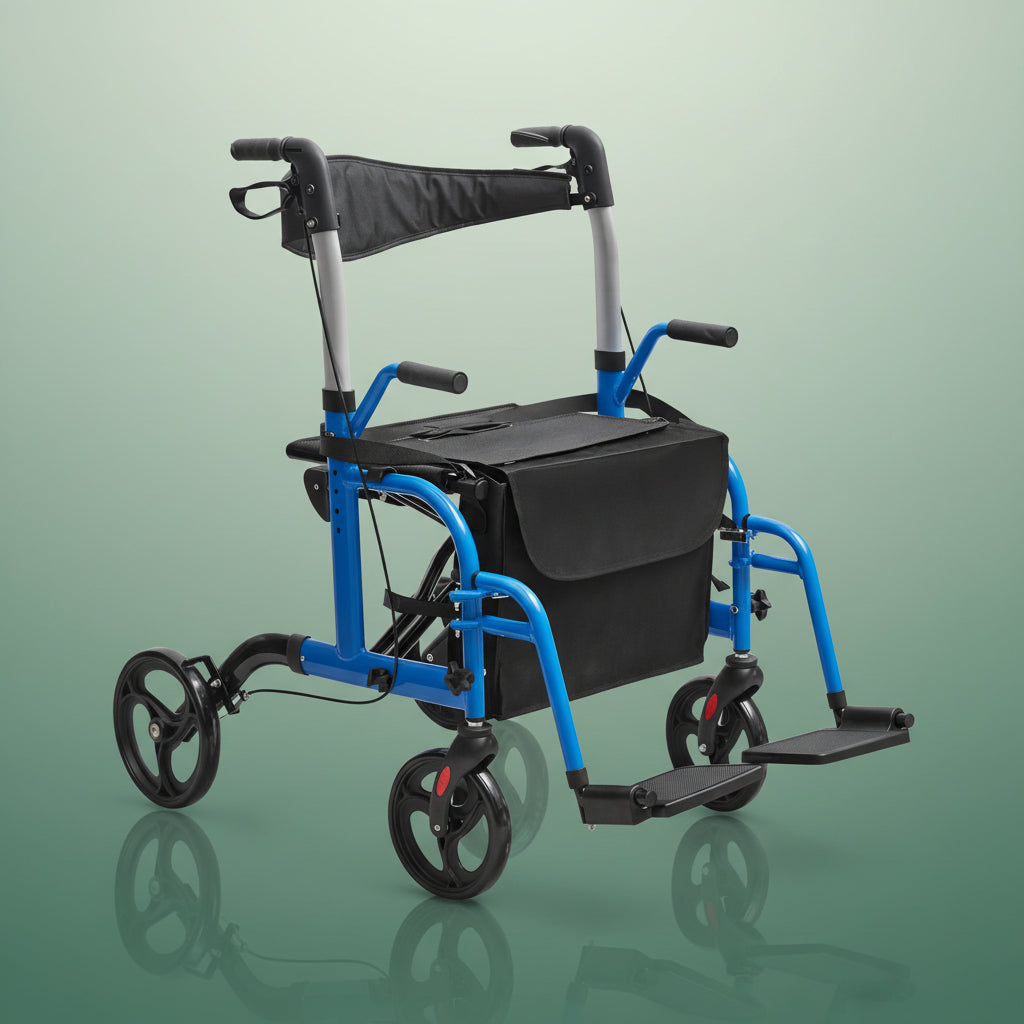 Déambulateur Rollator Fauteuil Roulant 2 en 1 Pliable - Bleu