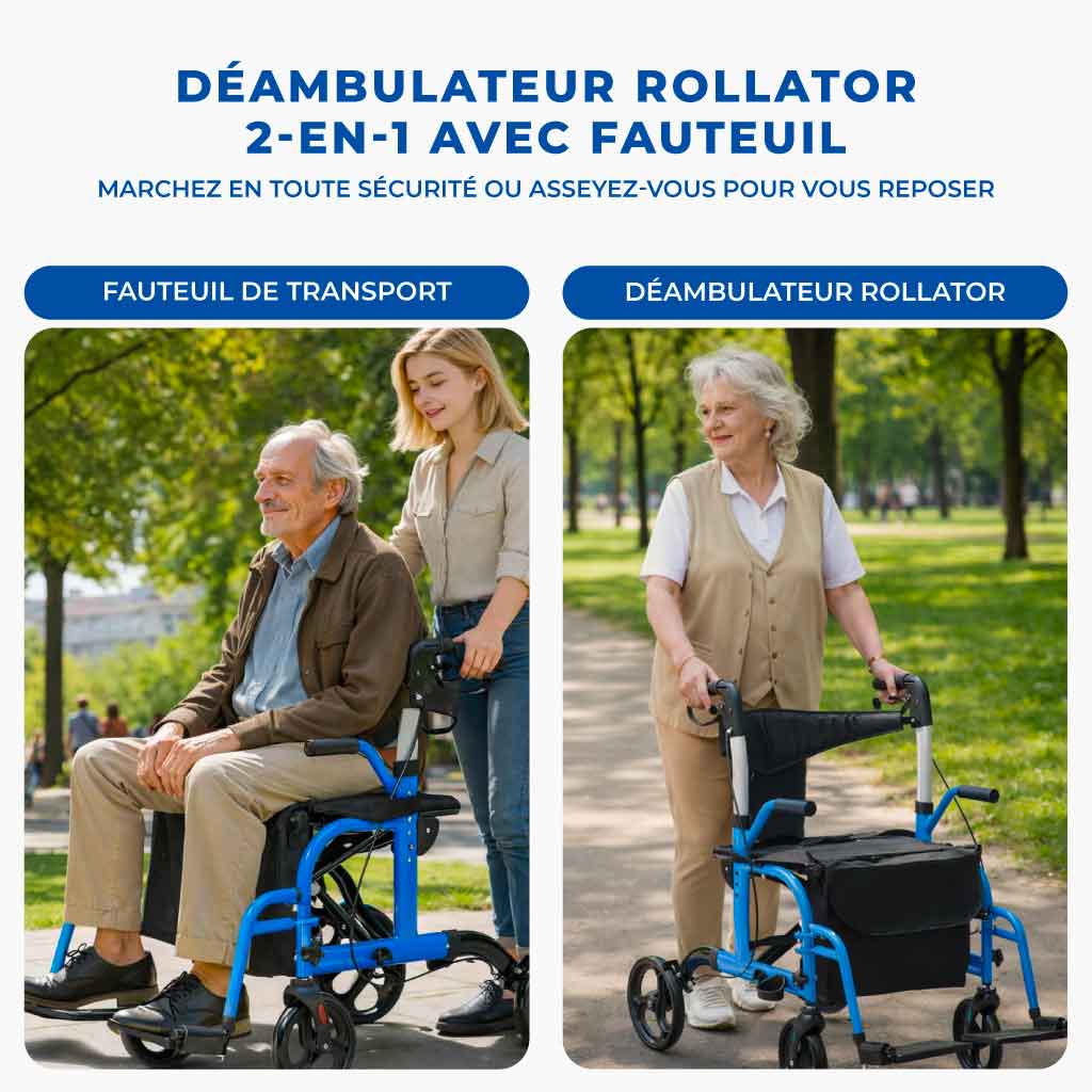 Déambulateur Rollator Fauteuil Roulant 2 en 1 Pliable - Noir