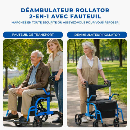 Déambulateur Rollator Fauteuil Roulant 2 en 1 Pliable - Noir