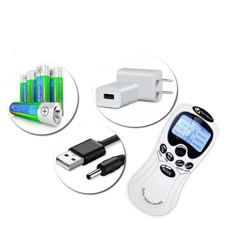 Appareil de Massage à Impulsions Électriques ElectroPulse Apaisant – vue des accessoires incluant des piles, un chargeur et un câble USB
