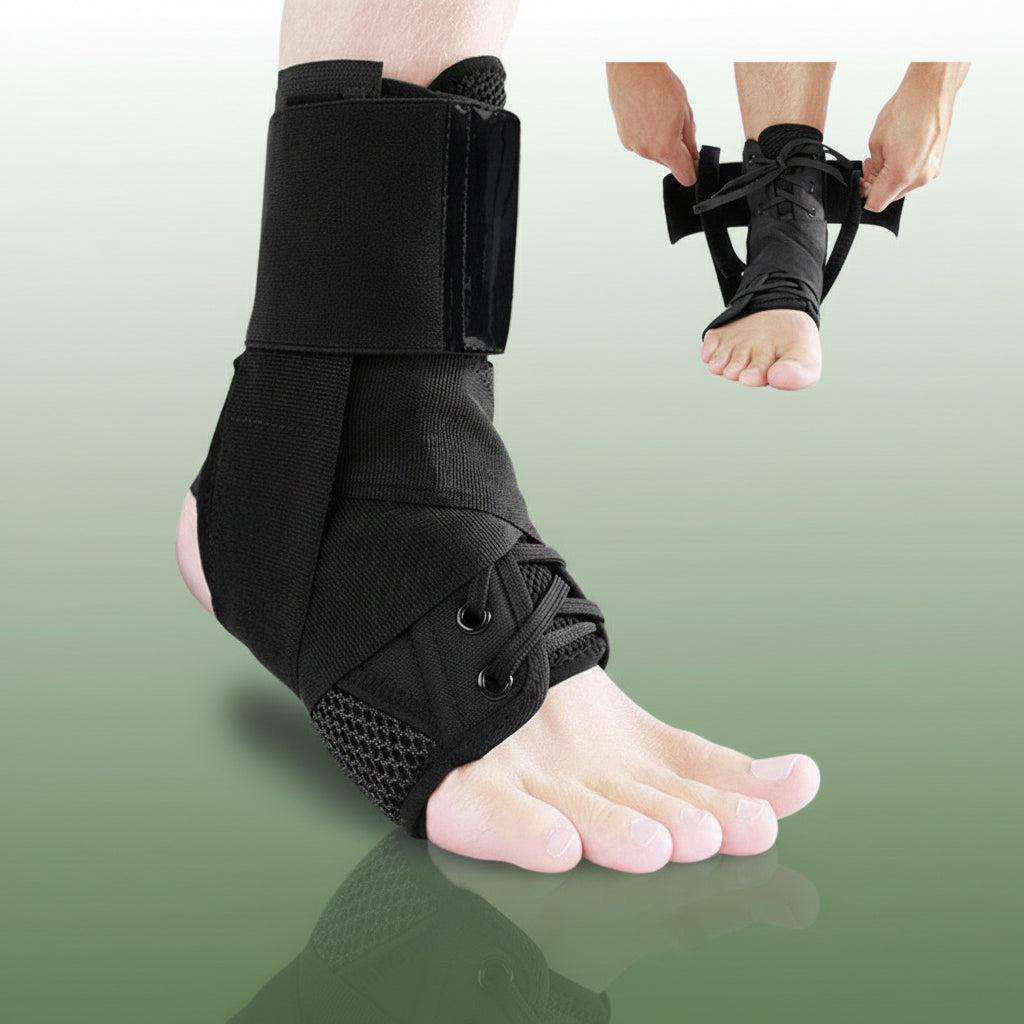 Attelle Cheville FlexiGuard – attelle noire en mesh enveloppant la cheville d'une personne, mettant en avant ses lacets et sa texture respirante.