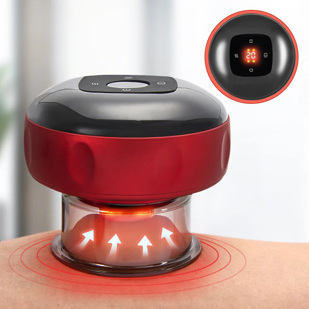 Appareil de massage anti-cellulite moderne à ventouse, rouge et noir, posé sur une peau, avec des flèches indiquant le mouvement de massage.