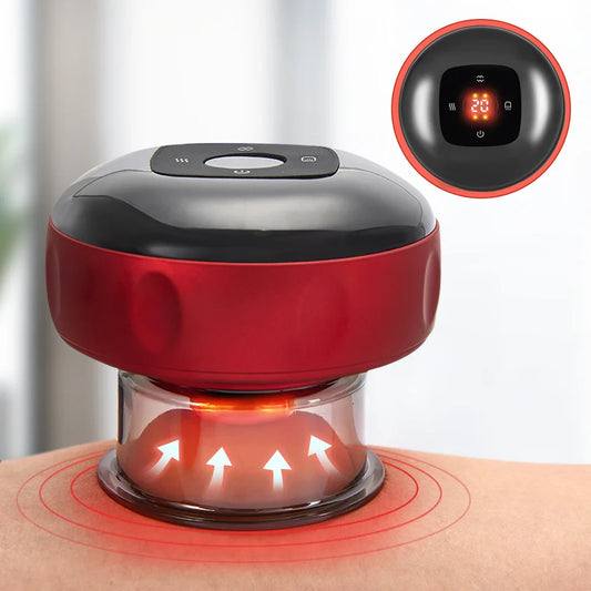 Appareil de massage anti-cellulite moderne à ventouse, rouge et noir, posé sur une peau, avec des flèches indiquant le mouvement de massage.