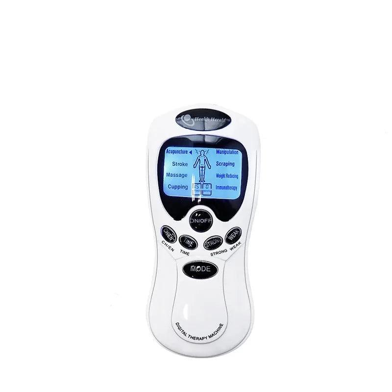 Appareil de Massage à Impulsions Électriques ElectroPulse Apaisant – vue de dessus d'un appareil blanc avec écran bleu et boutons de contrôle