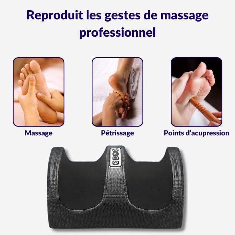 Masseur électrique Shiatsu pour les pieds – vue de dessus montrant les commandes et les zones de massage avec des pieds en cours d'utilisation.