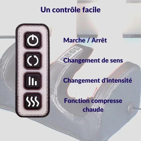 Masseur électrique Shiatsu pour les pieds – panneau de contrôle avec boutons pour marche, intensité et fonction chaleur.