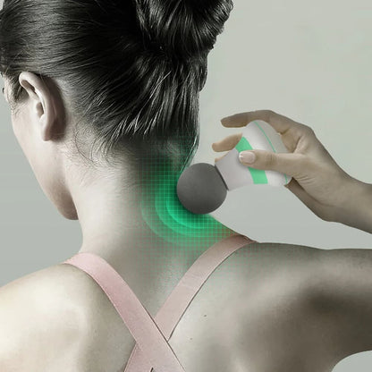 Mini appareil de massage pour cervicale – vue arrière d'une personne utilisant l'appareil sur la nuque, couleur blanche et verte, design ergonomique