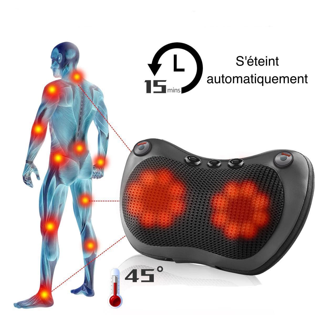 Oreiller de massage pour le dos – vue de l'oreiller avec zones de chaleur indiquées et fonction d'arrêt automatique, design ergonomique en mesh