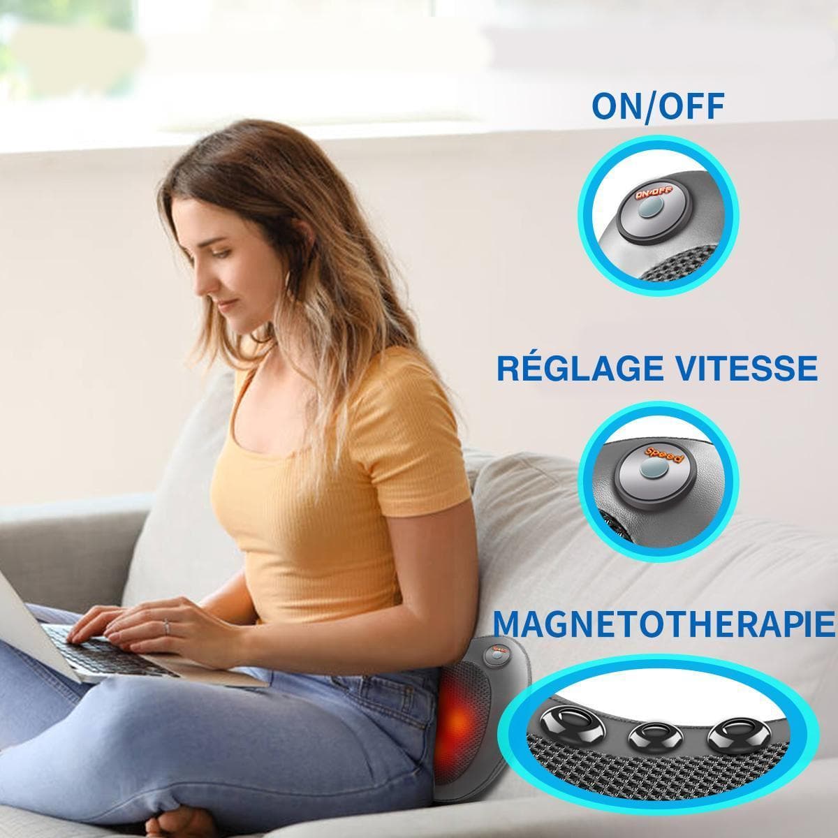 Oreiller de massage pour le dos – vue d'une personne assise avec l'oreiller en position arrière, boutons de réglage visibles