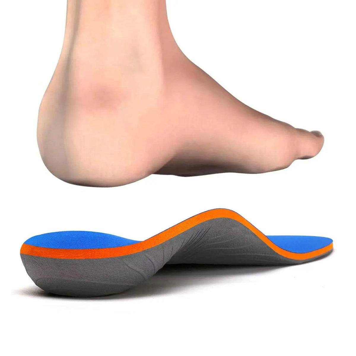 Collection Mode - Semelles orthopédiques pour soulagement de la fasciite – semelles avec support de voûte plantaire, vue latérale et pied en mouvement