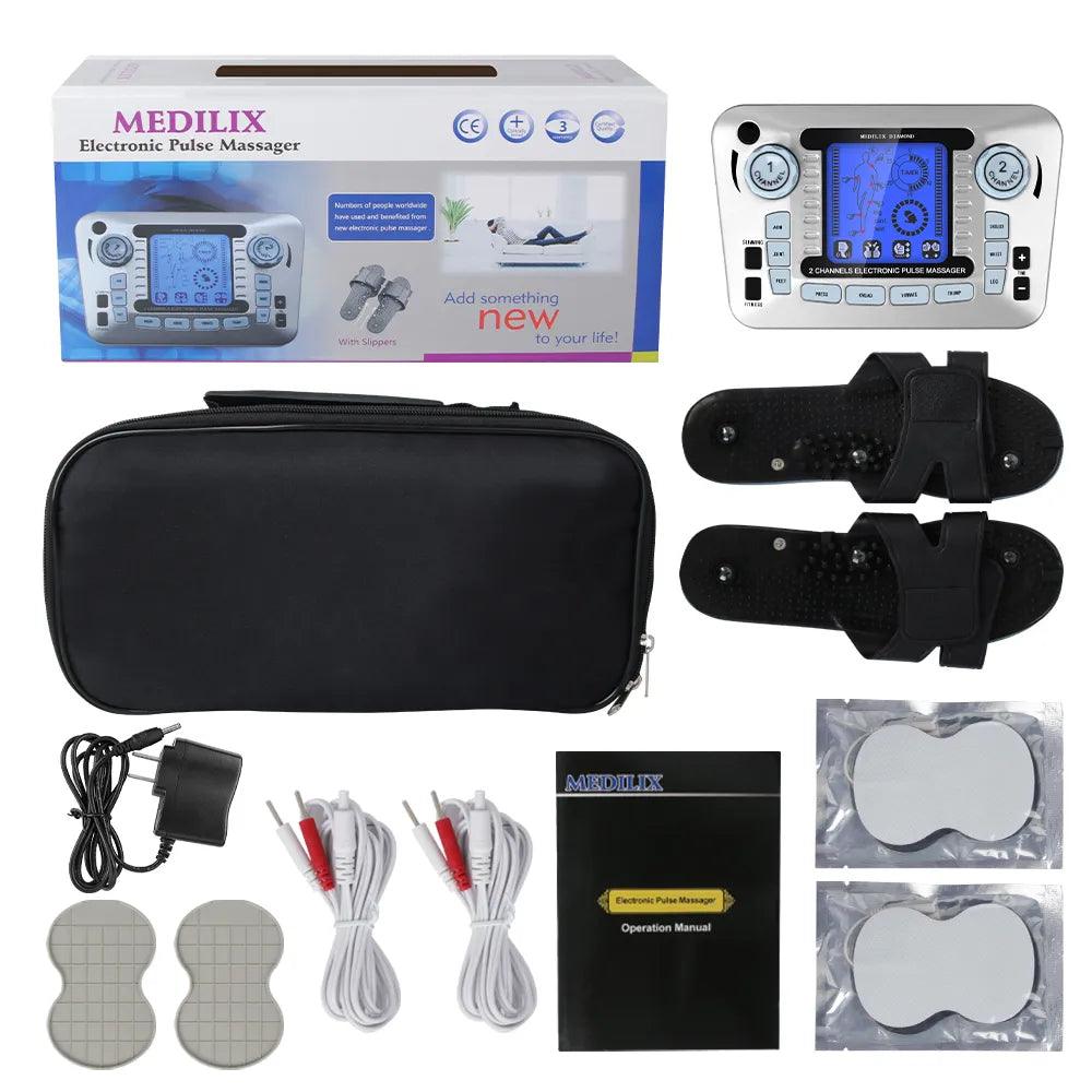 Appareil de Massage à Impulsions Électriques PulseRelax – vue générale avec accessoires, écran affichant des réglages et étui noir