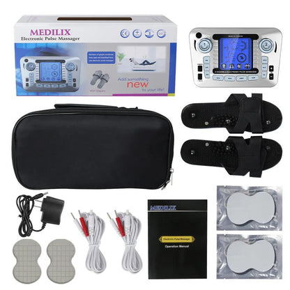 Appareil de Massage à Impulsions Électriques PulseRelax – vue générale avec accessoires, écran affichant des réglages et étui noir