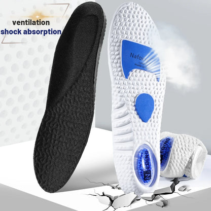 Semelles orthopédiques absorbant les chocs et respirantes – vue de côté d'une semelle noire et d'une semelle blanche avec coussin d'air bleu