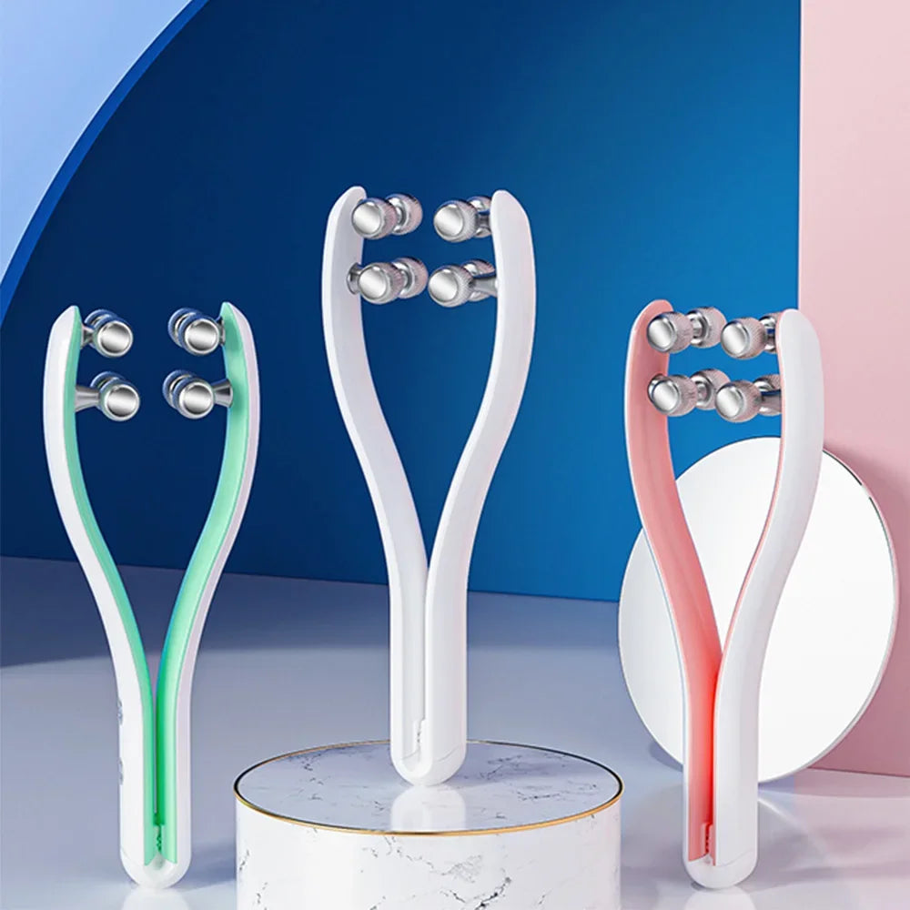 Appareil massage visage ergonomique de style rouleau – trois rouleaux de couleurs différentes sur un support, design moderne et élégant