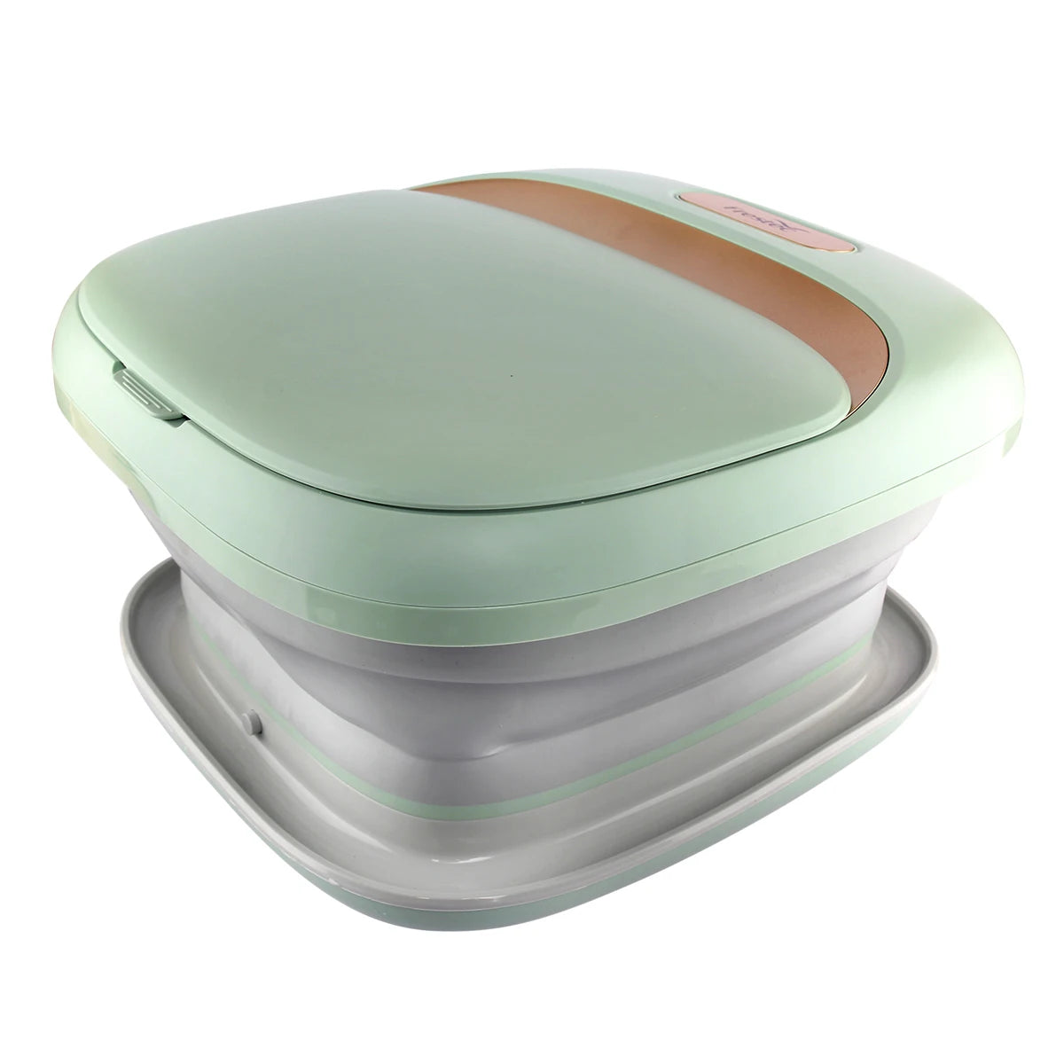 Bain de pied - Bassin pliable pour un massage relaxant des pieds – Seau de bain vert clair avec couvercle doré, vue de dessus sur fond blanc.