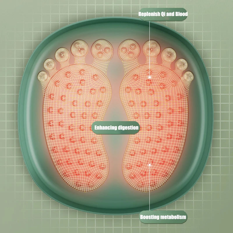 Bain de pied - Baignoire pliable et portable avec motif de pieds, mettant en avant des zones de pression pour la détente.