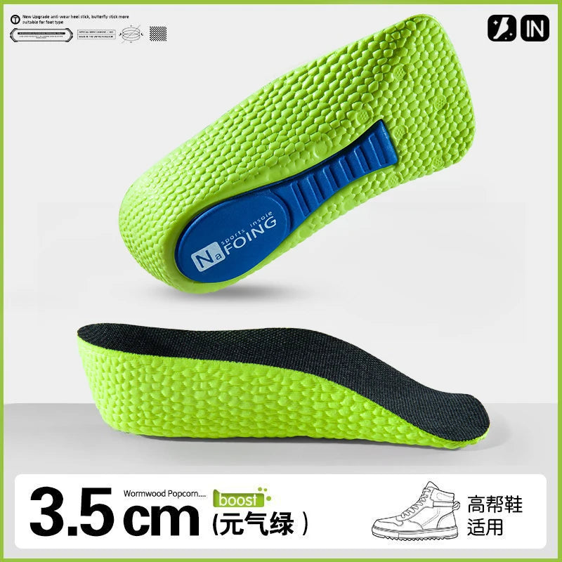 Collection Mode - Semelles orthopédiques en mousse à mémoire, vue latérale avec texture verte et support bleu, design ergonomique.