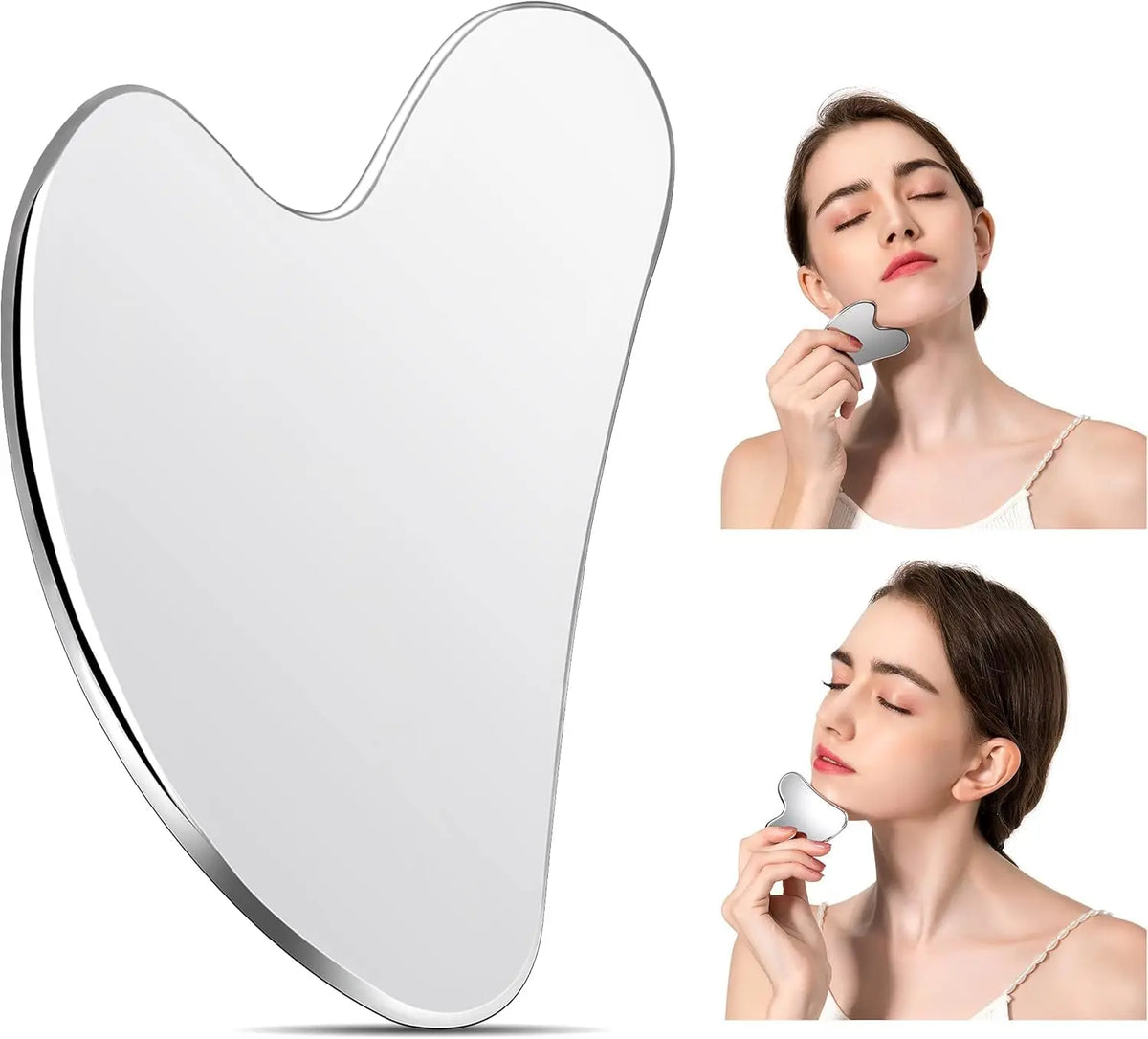 Appareil massage visage en acier inoxydable – forme ergonomique avec finition lisse, utilisé sur le visage d'une femme